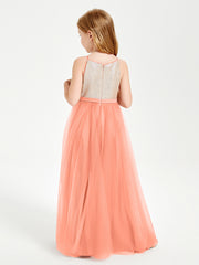 Long Junior Bridesmaid Gown Sequined Top Tulle Skirt Sunset