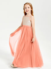 Long Junior Bridesmaid Gown Sequined Top Tulle Skirt Sunset