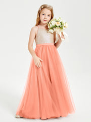 Long Junior Bridesmaid Gown Sequined Top Tulle Skirt Sunset