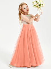 Long Junior Bridesmaid Gown Sequined Top Tulle Skirt Sunset