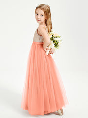 Long Junior Bridesmaid Gown Sequined Top Tulle Skirt Sunset