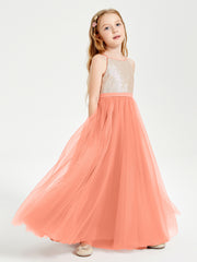 Long Junior Bridesmaid Gown Sequined Top Tulle Skirt Sunset