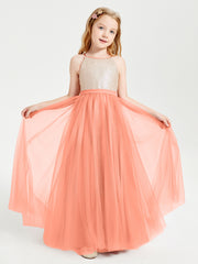 Long Junior Bridesmaid Gown Sequined Top Tulle Skirt Sunset