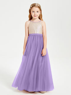 Long Junior Bridesmaid Gown Sequined Top Tulle Skirt Tahiti