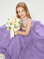 Long Junior Bridesmaid Gown Sequined Top Tulle Skirt Tahiti
