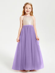 Long Junior Bridesmaid Gown Sequined Top Tulle Skirt Tahiti
