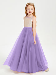 Long Junior Bridesmaid Gown Sequined Top Tulle Skirt Tahiti