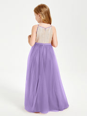 Long Junior Bridesmaid Gown Sequined Top Tulle Skirt Tahiti