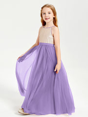 Long Junior Bridesmaid Gown Sequined Top Tulle Skirt Tahiti