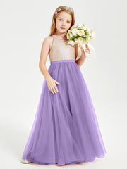 Long Junior Bridesmaid Gown Sequined Top Tulle Skirt Tahiti