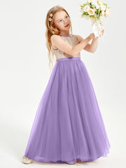 Long Junior Bridesmaid Gown Sequined Top Tulle Skirt Tahiti