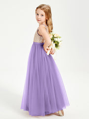 Long Junior Bridesmaid Gown Sequined Top Tulle Skirt Tahiti