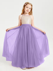 Long Junior Bridesmaid Gown Sequined Top Tulle Skirt Tahiti