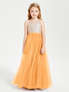 Long Junior Bridesmaid Gown Sequined Top Tulle Skirt Tangerine