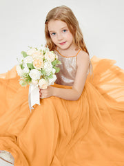 Long Junior Bridesmaid Gown Sequined Top Tulle Skirt Tangerine