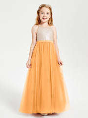 Long Junior Bridesmaid Gown Sequined Top Tulle Skirt Tangerine