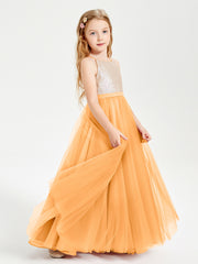 Long Junior Bridesmaid Gown Sequined Top Tulle Skirt Tangerine