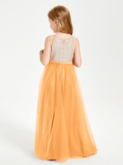 Long Junior Bridesmaid Gown Sequined Top Tulle Skirt Tangerine