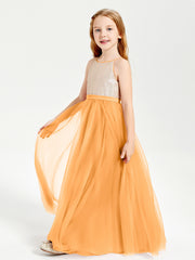 Long Junior Bridesmaid Gown Sequined Top Tulle Skirt Tangerine