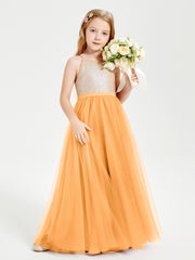 Long Junior Bridesmaid Gown Sequined Top Tulle Skirt Tangerine