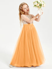 Long Junior Bridesmaid Gown Sequined Top Tulle Skirt Tangerine