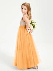 Long Junior Bridesmaid Gown Sequined Top Tulle Skirt Tangerine