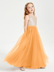 Long Junior Bridesmaid Gown Sequined Top Tulle Skirt Tangerine