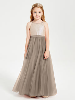 Long Junior Bridesmaid Gown Sequined Top Tulle Skirt Taupe