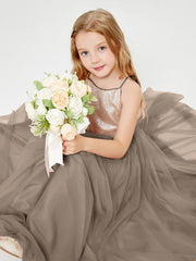 Long Junior Bridesmaid Gown Sequined Top Tulle Skirt Taupe