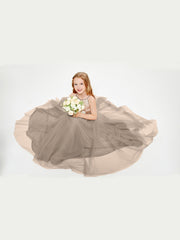 Long Junior Bridesmaid Gown Sequined Top Tulle Skirt Taupe