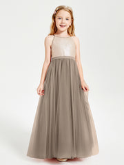 Long Junior Bridesmaid Gown Sequined Top Tulle Skirt Taupe