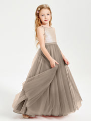 Long Junior Bridesmaid Gown Sequined Top Tulle Skirt Taupe