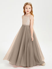 Long Junior Bridesmaid Gown Sequined Top Tulle Skirt Taupe