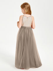 Long Junior Bridesmaid Gown Sequined Top Tulle Skirt Taupe