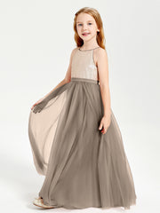 Long Junior Bridesmaid Gown Sequined Top Tulle Skirt Taupe