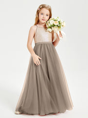 Long Junior Bridesmaid Gown Sequined Top Tulle Skirt Taupe