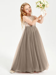 Long Junior Bridesmaid Gown Sequined Top Tulle Skirt Taupe