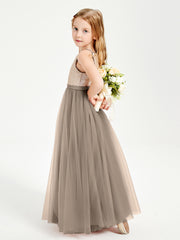 Long Junior Bridesmaid Gown Sequined Top Tulle Skirt Taupe
