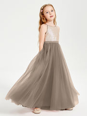 Long Junior Bridesmaid Gown Sequined Top Tulle Skirt Taupe