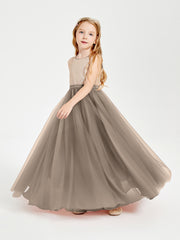 Long Junior Bridesmaid Gown Sequined Top Tulle Skirt Taupe