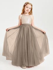 Long Junior Bridesmaid Gown Sequined Top Tulle Skirt Taupe