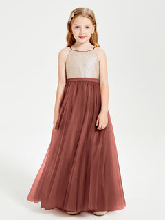 Long Junior Bridesmaid Gown Sequined Top Tulle Skirt Terracotta