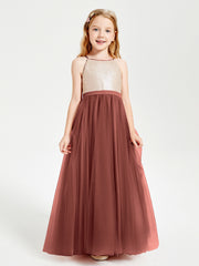 Long Junior Bridesmaid Gown Sequined Top Tulle Skirt Terracotta