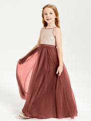 Long Junior Bridesmaid Gown Sequined Top Tulle Skirt Terracotta