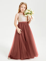 Long Junior Bridesmaid Gown Sequined Top Tulle Skirt Terracotta