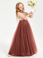 Long Junior Bridesmaid Gown Sequined Top Tulle Skirt Terracotta