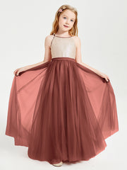 Long Junior Bridesmaid Gown Sequined Top Tulle Skirt Terracotta