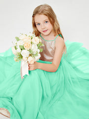 Long Junior Bridesmaid Gown Sequined Top Tulle Skirt Turquoise