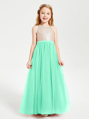Long Junior Bridesmaid Gown Sequined Top Tulle Skirt Turquoise