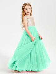 Long Junior Bridesmaid Gown Sequined Top Tulle Skirt Turquoise